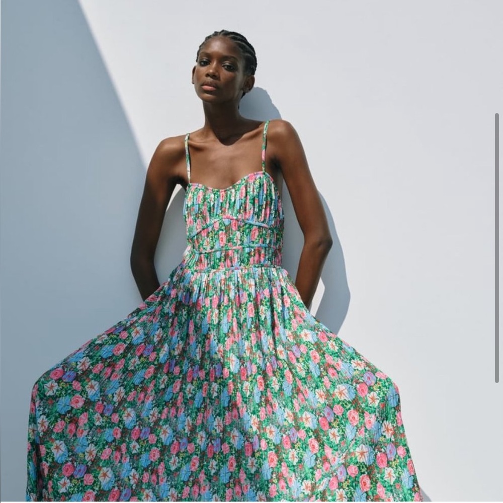 Zara Floral Midi Dress in Green with Pink and White Flowers